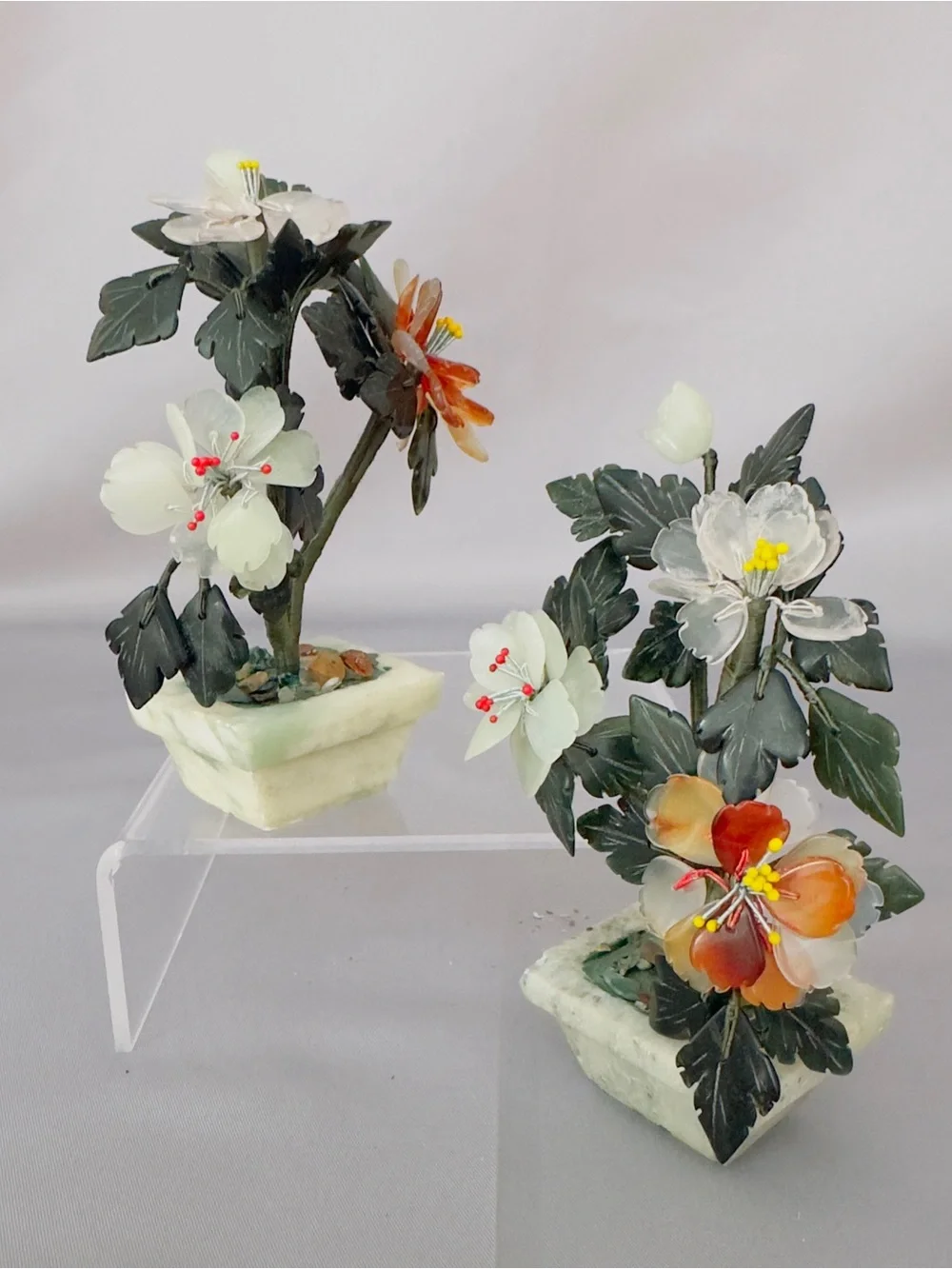 Asian Jade Hardstone Flower Bonsai Trees Jade Planter Pair - White and Orange